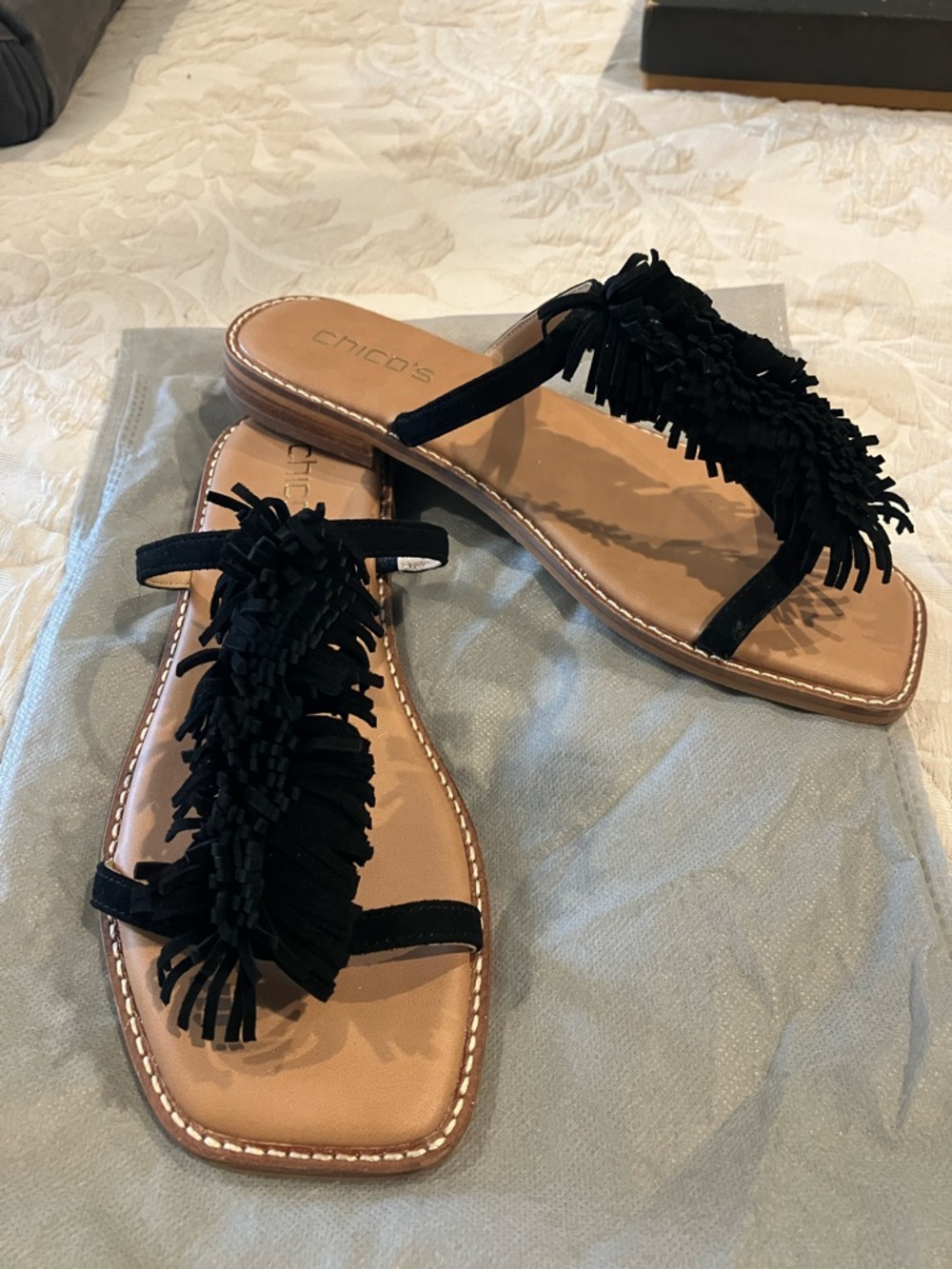 New Chico's Black Suede Fringe two strap Sandals 7.5M